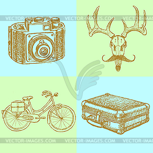 Sketch deer with mustache, suitecase, bicycle and - vector clipart