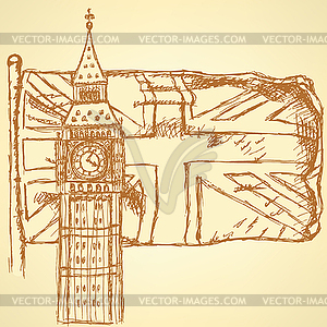 Sketch Big Ben on tile with UK flag, background - vector image