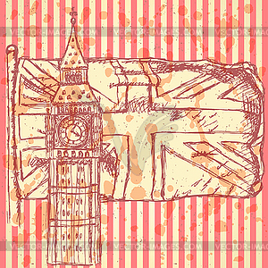 Sketch Big Ben on tile with UK flag, background - stock vector clipart