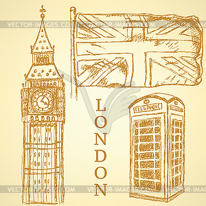 Sketch Big Ben, UK flag and phone cabin, background - vector clipart