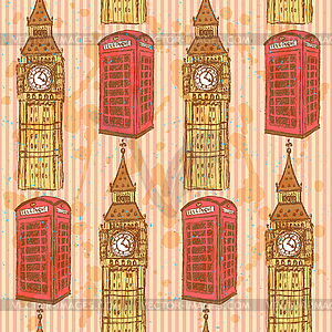 Sketch Big Ben and phone cabin, seamless pattern - vector image