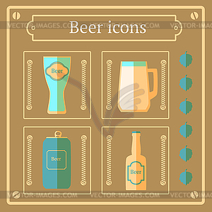 Flat beer icons, background - vector clipart