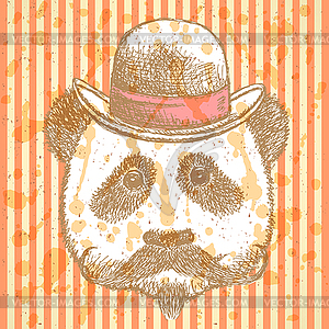 Sketch panda in hat with mustache - vector clipart