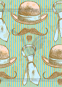 Sketch hat, tie and mustache, seamless pattern - vector clipart