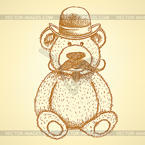 Sketch Teddy bear in hat with mustache, background - vector clip art