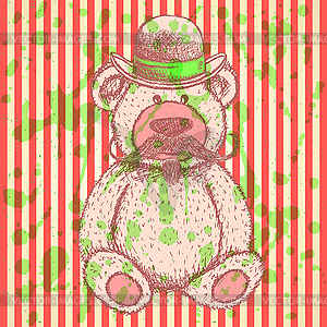 Sketch Teddy bear in hat with mustache, background - vector image
