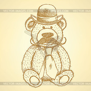 Эскиз Медвежонок в шляпе и галстук с усами - клипарт в векторном виде