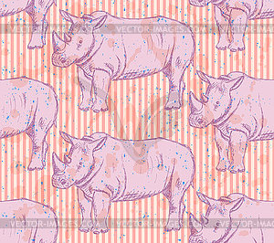 Sketch wild rhino, seamless pattern - color vector clipart