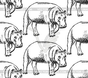 Sketch hippo, vintage seamless pattern - vector clipart