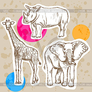 Sketch giraffe, elephant, rhino, background - color vector clipart