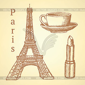Sketch Eiffel tower, lipstick and cup, background - vector clip art