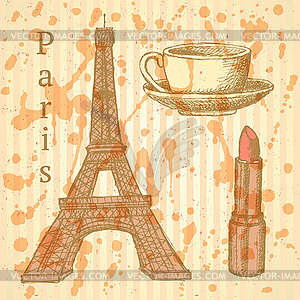 Sketch Eiffel tower, lipstick and cup, background - vector image