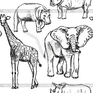 Sketch elephant, rhino, giraffe and hippo, - vector clipart