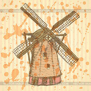 Sketch Holand windmill, vintage background - vector clipart