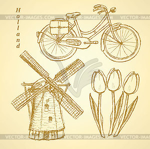 Sketch Holland windmill, bicycle and tulip, - vector image