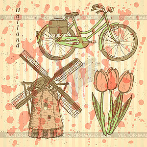 Sketch Holland windmill, bicycle and tulip, - vector clipart