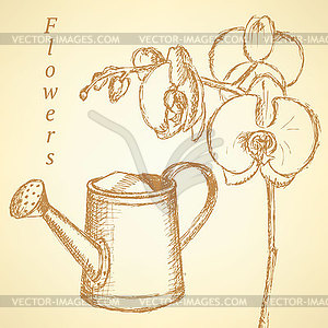 Эскиз орхидеи и лейки, фон - стоковое векторное изображение