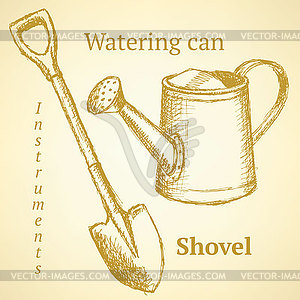 Sketch shovel and watering can, background - vector image