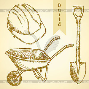 Sketch helmet, barrow and shovel, background - vector image