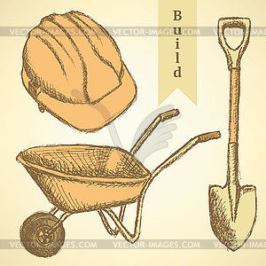 Sketch helmet, barrow and shovel, background - vector clipart