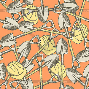 Sketch shovel and helmet, seamless pattern - royalty-free vector clipart