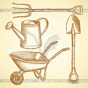 Garden fork, barrow, watering can and shovel, - vector clipart