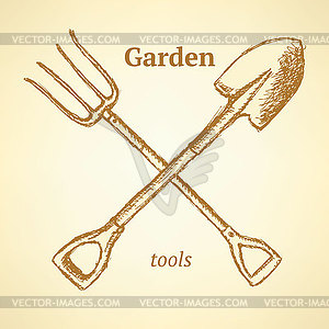 Garden fork and shovel, background in sketch style - vector clipart