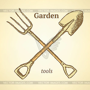 Сад вилка и лопата, фон в стиле эскиза - изображение в векторном виде