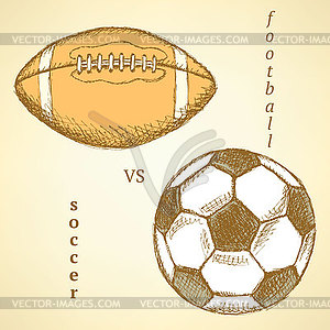 Sketch soccer versus american football ball - color vector clipart