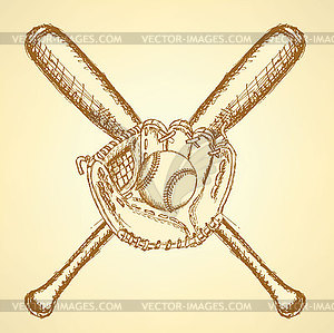 Sketch baseball ball, glove and bat - vector clip art