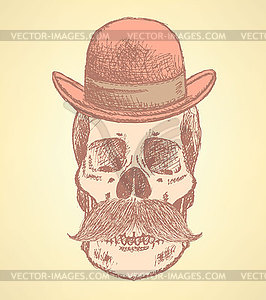 Sketch scull with mustache and in hat - royalty-free vector clipart