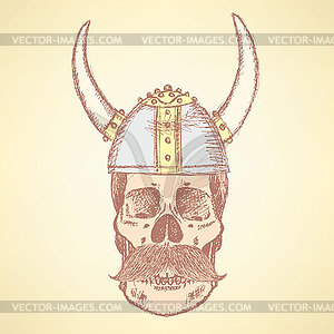 Sketch skull in viking helmet - vector clip art