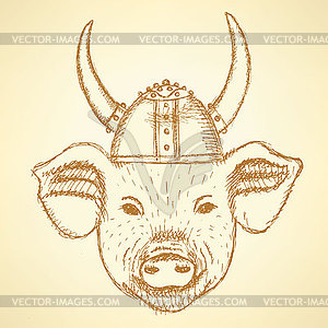 Sketch pig in viking helmet - vector clipart / vector image