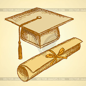 Sketch graduation hat and diploma - vector image