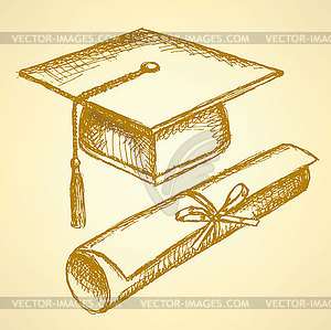 Sketch graduation hat and diploma - vector clipart