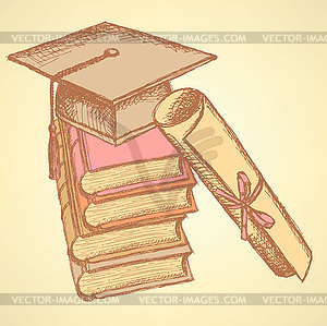 Sketch deck of books with hat on top and with - color vector clipart