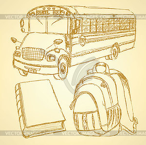 Sketch backpack, book and school bus - stock vector clipart