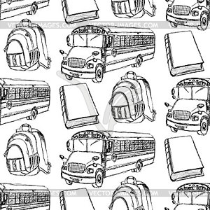 Sketch backpack, book and school bus - vector clip art