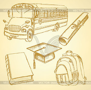 Sketch school bus, book, backpack - vector clipart