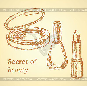 Sketch beauty equipment in vintage style - color vector clipart