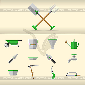 Садовые инструменты с зелеными элементами - векторный эскиз