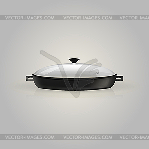 Черная сковорода с прозрачной крышкой - векторное изображение клипарта