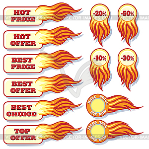 Hot price and offers sale flaming badges set - vector clipart