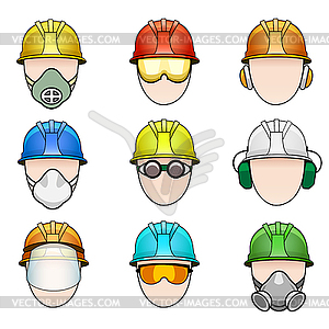 Set of worker icons in helmet with protective - vector clip art