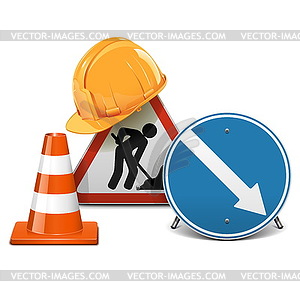 Road Signs with Helmet and Cone - vector image