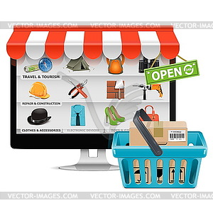 Computer Shop with Basket - vector clipart