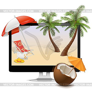 Computer with Tropical Resort - vector clipart