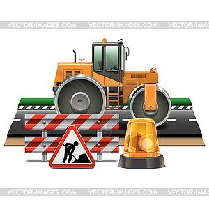 Road Construction with Road Roller - vector image