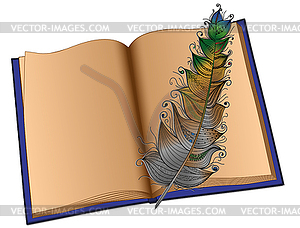 Book and multi-colored feather - vector clip art