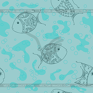 Seamless pattern with fishes and bubbles - vector image